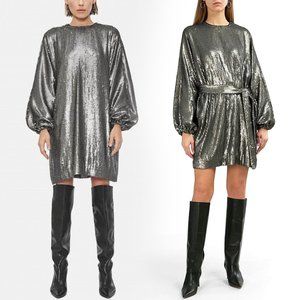 Anine Bing Angie Antique Silver Sequin Embellished Mini Dress Long Sleeve XS NEW